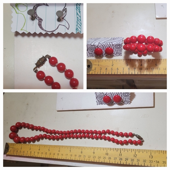 Vtg RED BAKELITE bead PARURE hand-knotted NECKLACE stretchie BRACELET earbobs - Picture 3 of 6